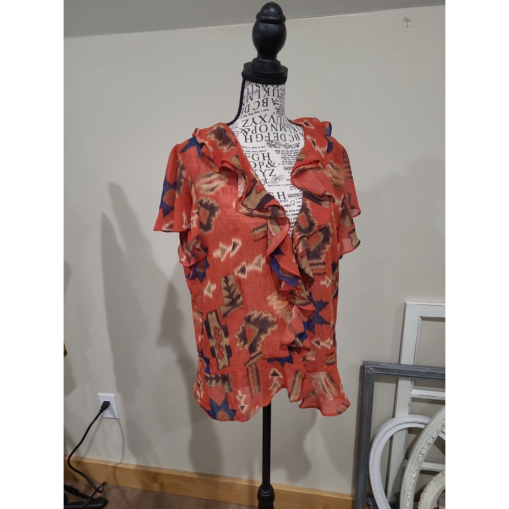 Chaps southwestern Aztec sheer blouse Women's SZ XL flutter sleeve button front
